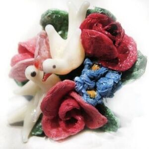 1950's  Hand Crochet Roses, Forget Me Nots, murano glass birds, France *mother*